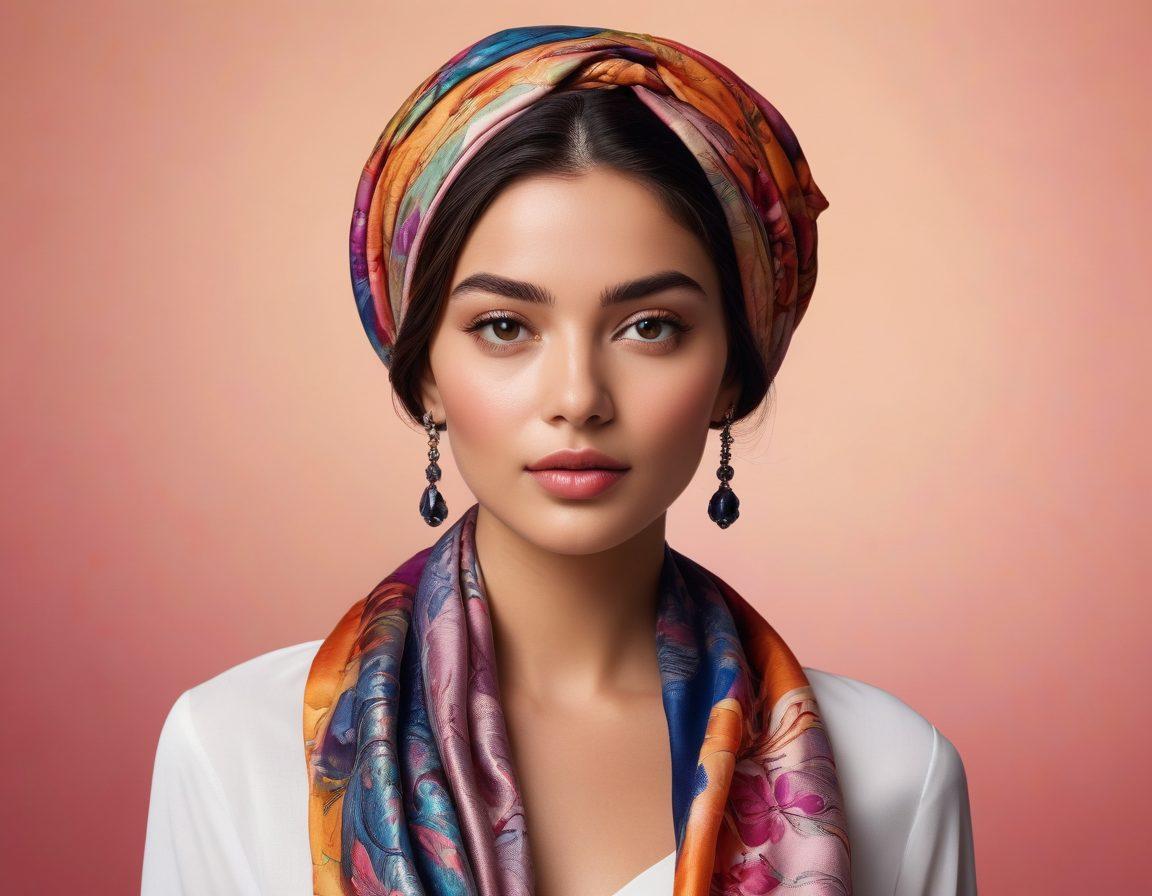A stylish woman elegantly draped in a variety of colorful headscarves, showcasing different tying techniques. The background features a soft, warm gradient that enhances the elegance of the scarves, while subtle floral patterns hint at chic modesty. The focus is on the radiant expressions of confidence and grace. super-realistic. vibrant colors. soft gradient background.