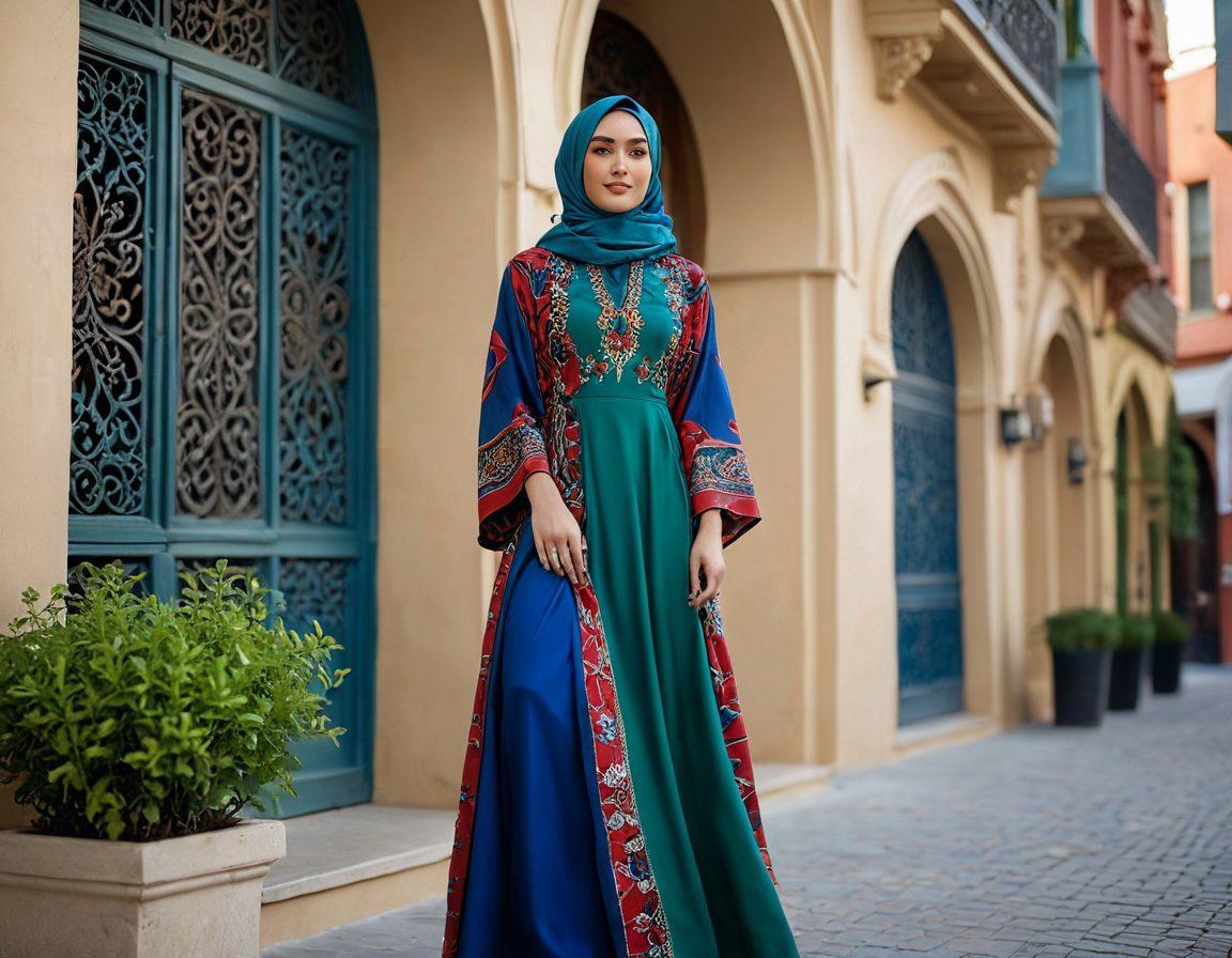 A stylish model showcasing a fusion of modest wear and contemporary hijab styles, standing in an urban setting that blends traditional and modern elements. The hijab features intricate patterns, while the outfit is a chic, flowing dress with a vibrant color palette. The background includes city architecture with hints of greenery, emphasizing the theme of modernity and harmony. Include soft lighting to create an inviting atmosphere. super-realistic. vibrant colors. urban background.