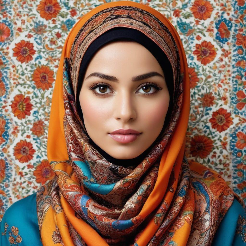 A fashionable woman wearing a beautifully patterned hijab, showcasing the latest trends in modest fashion. Surround her with vibrant headscarves in various styles and colors, arranged artistically in the background. Include elements of cultural significance like intricate textile designs and elegant jewelry to enhance the aesthetic. The setting should be bright and welcoming, symbolizing diversity and style. super-realistic. vibrant colors. white background.
